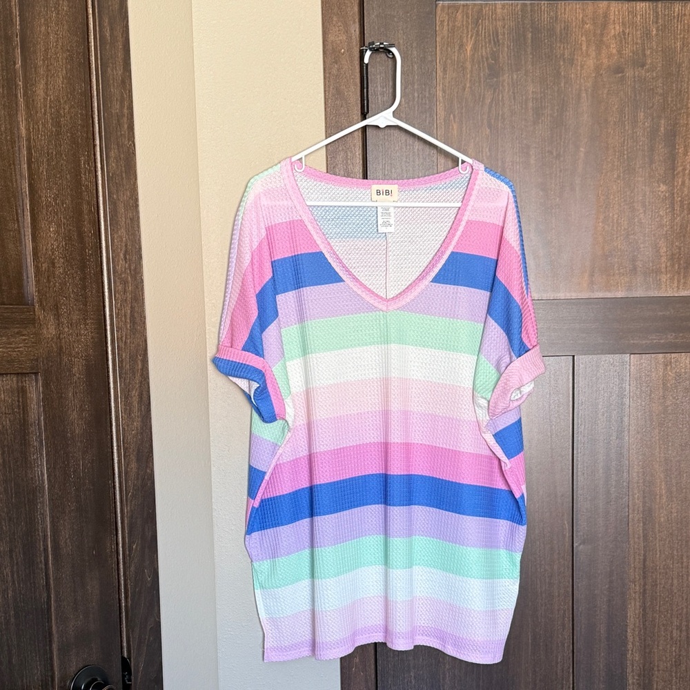 BiBi Women’s Oversized Striped Waffle Rolled Short Sleeve T Shirt Size Large